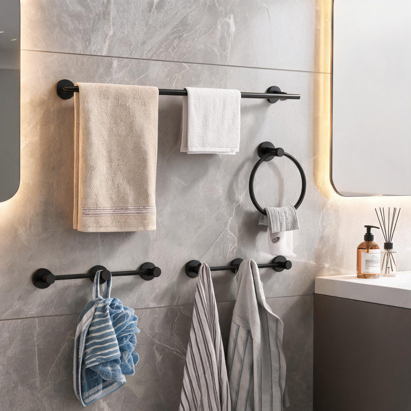 6 Piece Wall Mounted Bathroom Hardware Set with Towel Bar, Towel Ring, Toilet Paper Holder and Towel Hooks