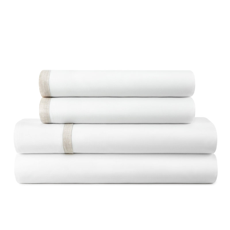 Ensemble de draps Jimmy B - Bordure bordée | Percale de coton 200TC, Blanc/naturel, Ensemble literie pour lit simple