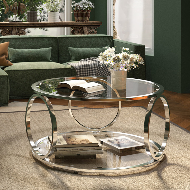 Round Glass Coffee Table with Open Storage