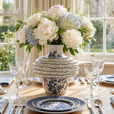 Vase floral bleu et blanc en céramique, décor texturé peint à la main pour table de salle à manger, console, vestibule