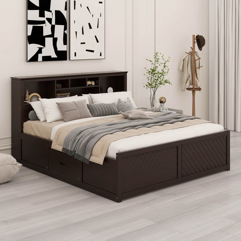 Très grand lit plateforme avec tête de lit bibliothèque et tiroirs de rangement, cadre de lit de rangement très grand en bois avec port USB
