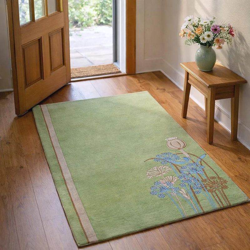 Tapis vert en laine à motif de fleurs sauvages artificielles touffetées à la main Dooling, Rectangulaire 2 pi x 3 pi