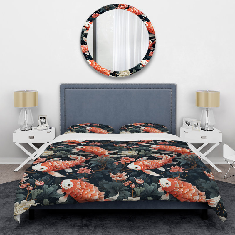 Ensemble de housse de couette Koi Fish Nishikigoi Watercolor, Housse de couette simple + 1 taie décorative stan