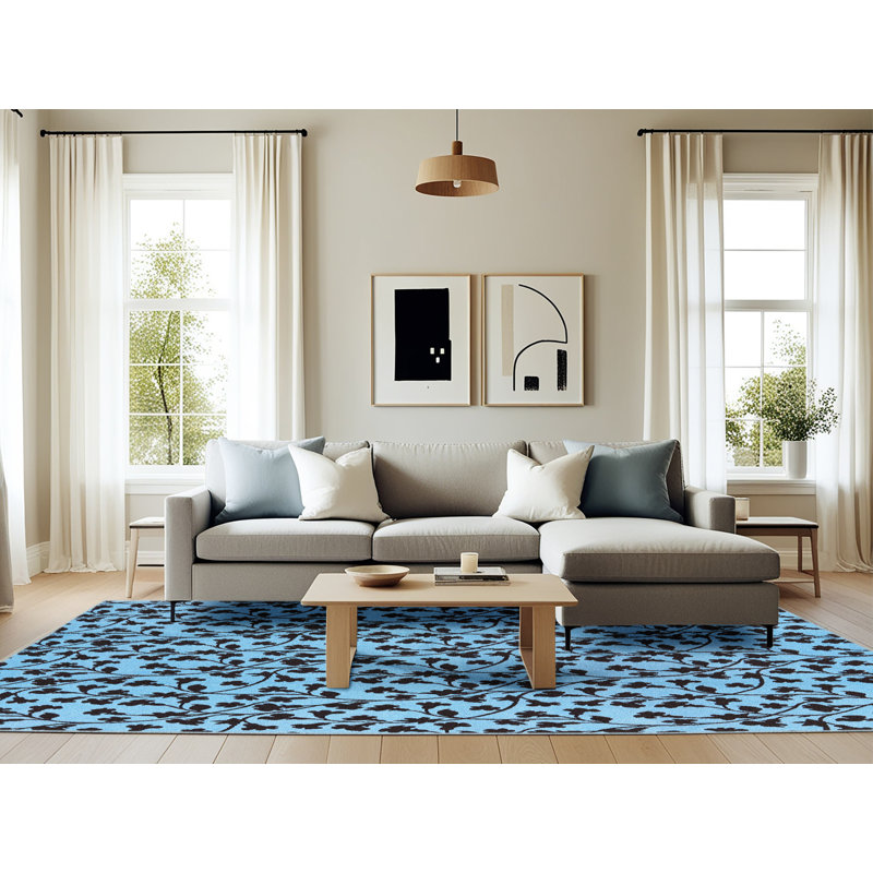 Tapis bleu à motif floral Pompton, Rectangle 6 pi x 9 pi