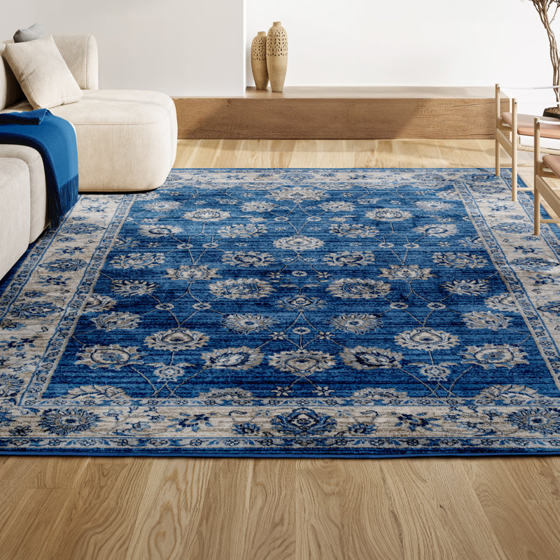 Tapis persan moderne bleu / ivoire Fenley, Rectangulaire 3 pi x 5 pi