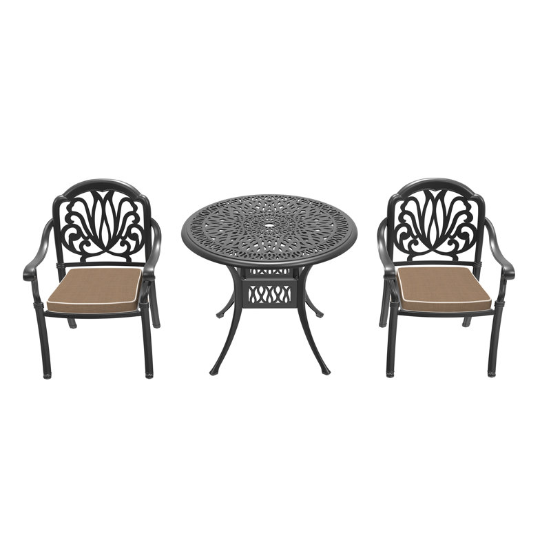 Ensemble repas d'extérieur 3 pièces en fonte d'aluminium avec coussins bruns résistants à l'eau, structure noire, Brown
