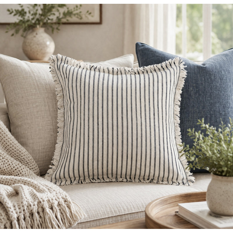Housse de coussin décoratif à rayures noires 18 po x 18 po - Mélange de coton, Noir