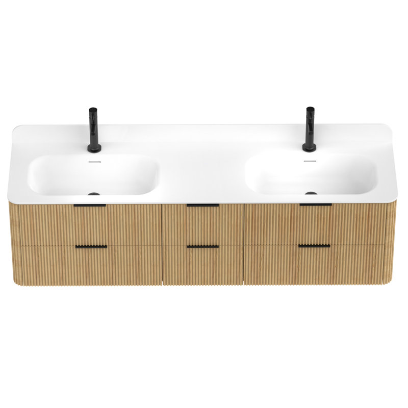 72 po Meuble-lavabo cannelé en chêne doré avec lavabo intégré et quincaillerie noire, Chêne, 72"