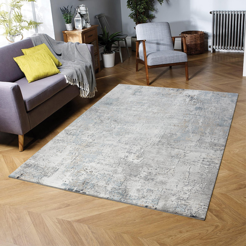 Tapis abstrait en polyester tissé à la machine, aspect vieilli, épaisseur de velours 15-20 mm, Gris / bleu marine