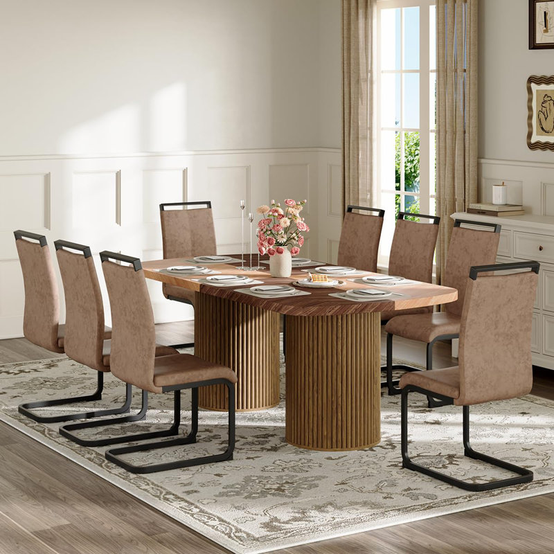 Ensemble de table de salle à manger en bois 79 po pour 8 personnes, grand ensemble de table de salle à manger pour 8 personnes avec base à double piédestal cannelée et chaises rembourrées