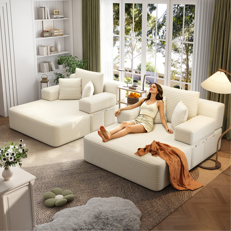 Très grand canapé-lit double moelleux en velours côtelé, canapé-lit convertible avec poches de rangement, 3 coussins moelleux, canapé sans cadre multifonctionnel pour appartement, cinéma maison, dortoir, beige / blanc