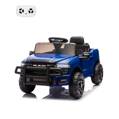 Camionnette électrique RAM 12 V pour enfants de 3 à 8 ans, sous licence officielle, avec télécommande, lumières DEL, musique, suspension à ressorts, pneus tout-terrain, ceinture de sécurité, bleu foncé.