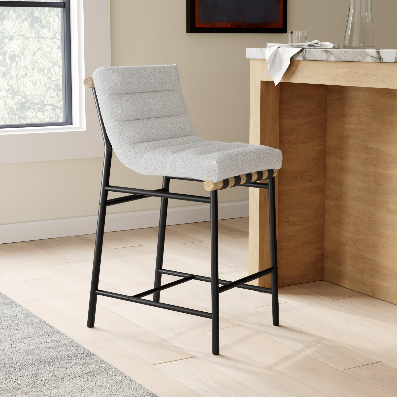 Vincentas Counter Stool, Cream Boucle, Counter Stool (26.4" Seat Height)