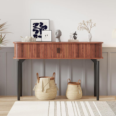 Fluted Console Table with Storage,Wood Sofa Table with Sliding Door,Entryway Table with Storage Space for Living Room