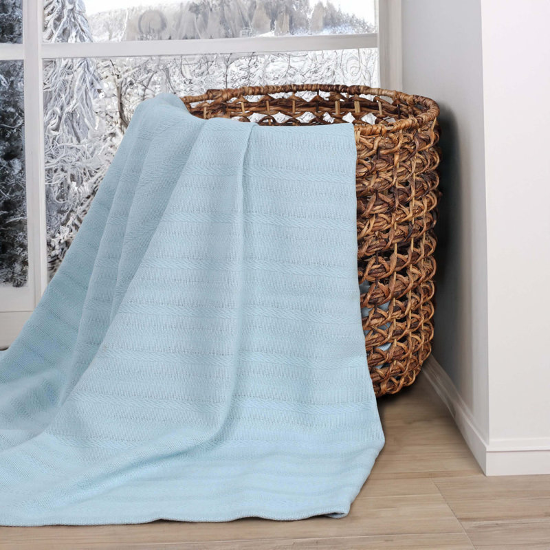 Couverture à rayures jacquard 100% coton Superior Clara, Très grand lit, Bleu pâle