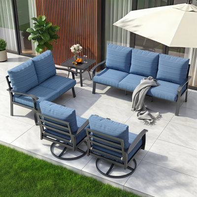 Ensemble de conversation en métal 5 pièces avec chaises berçantes pivotantes à 360 °, canapé, causeuse et table basse pour patio, jardin, terrasse ou piscine