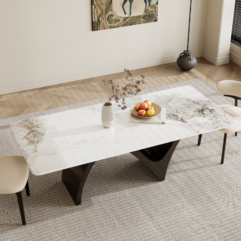 Table de salle à manger moderne et rectangulaire 6-10, plateau en pierre frittée brillante, pieds en acier au carbone en forme de N