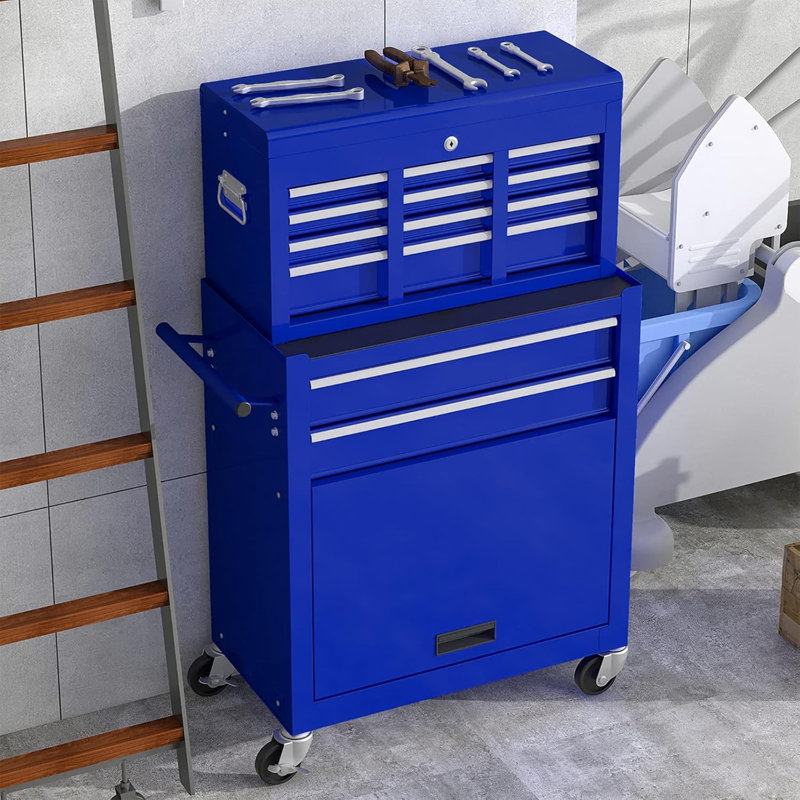 Boîte à outils sur roulettes à grande capacité avec 8 tiroirs et coffre à outils portatif avec tiroirs et roulettes, cadeau d'armoire de rangement amovible (bleu)