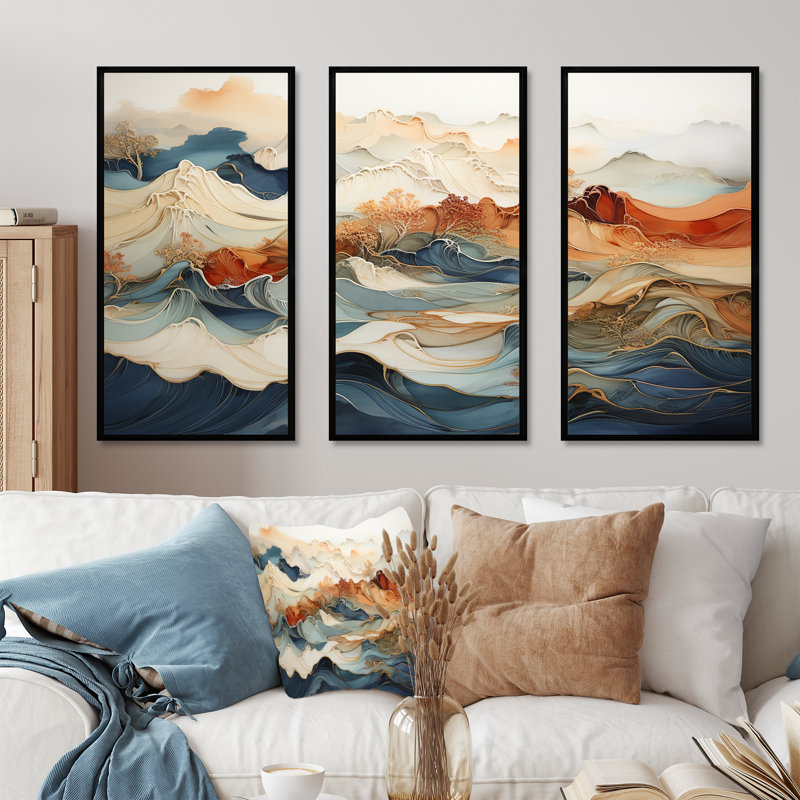 Abstrait orange et bleu, rivière bleue, encre III, ensemble d'art sur toile marbrée, H 28 po x l 36 po x P 1 po