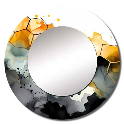 Yellow Gray Honecomb Shape - Geometric Wall Mirror, Modern Round Decorative Mirror, Printed Metal Art