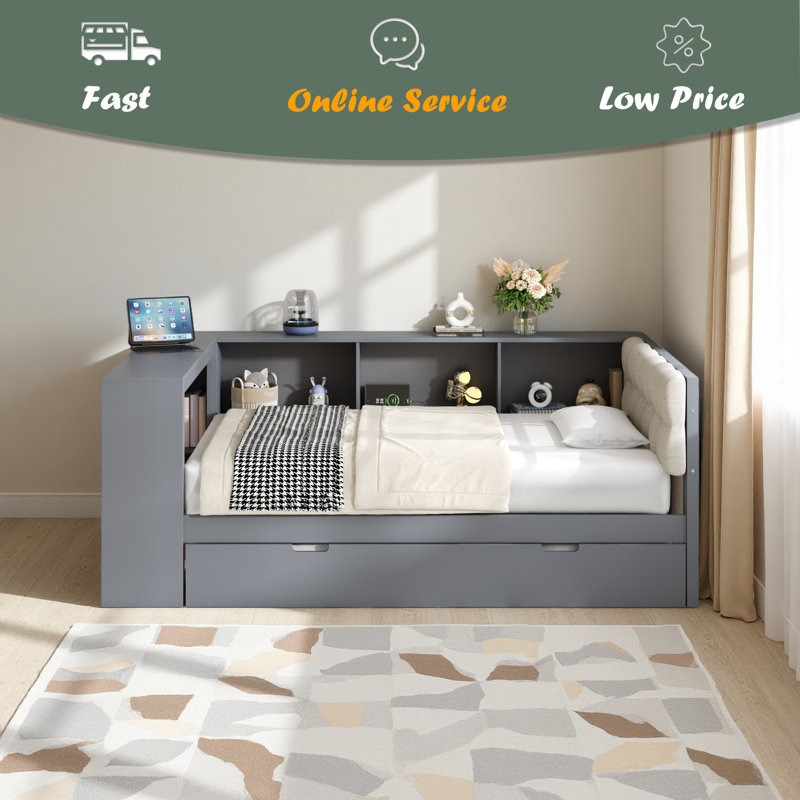 Lit plateforme en bois avec tablettes de rangement, lit gigogne, station de charge et tête de lit tapissier, Lit simple, Gris