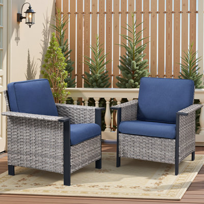 Ensemble de chaises de patio 2 pièces pour l'extérieur, chaises longues en osier toutes saisons avec accoudoirs plats de 5 po de large, structure en fer et coussin amovible, convient au patio, au jardin, à la cour et au bord de la piscine