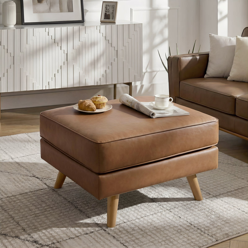 Repose-pieds rembourré de style Mid-Century de 29,7 po de large Havens, repose-pieds en similicuir avec pieds en bois massif, tabouret de table basse pour le salon, la chambre à coucher et le vestibule