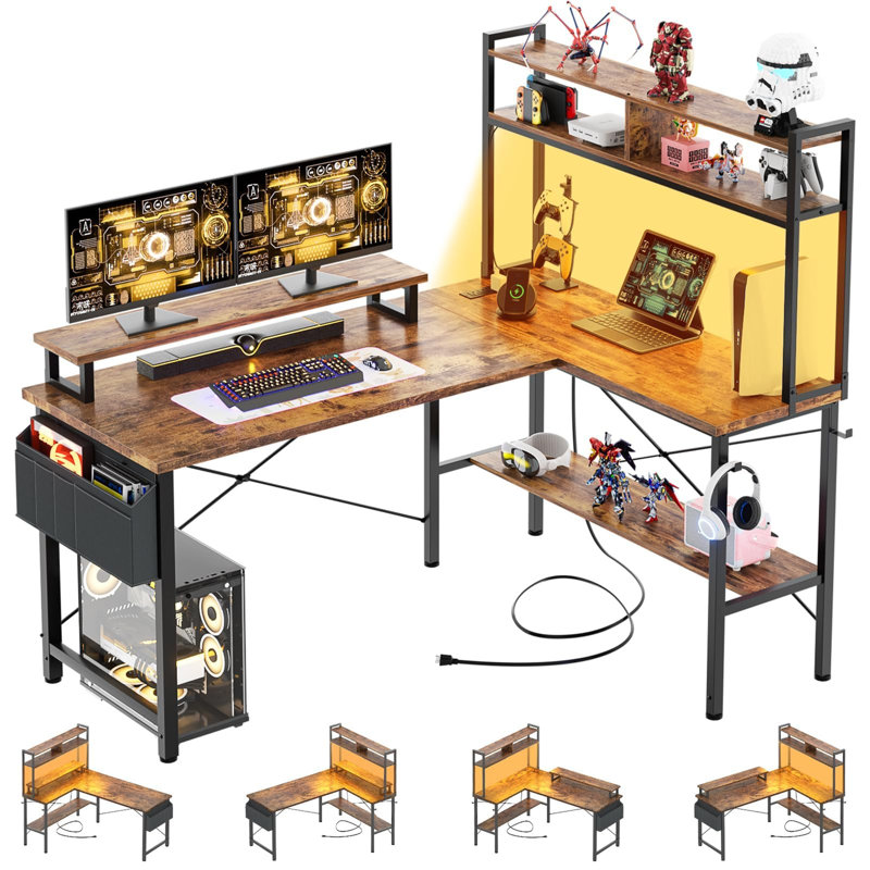 L-Shaped Metal Base Computer Desk with Power Outlet