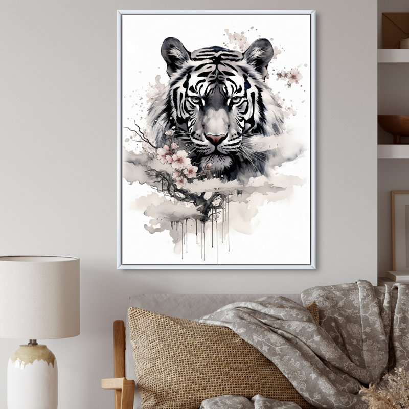 Asian Asian Tiger Sumi sur impression sur toile, H 40 po x l 30 po x P 1,5 po, Cadre flottant blanc
