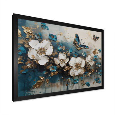 Rozalia Golden Blue Butterfly Wings And Flowers II On Canvas Print