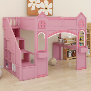 Lit mezzanine en bois en forme de château avec escalier de rangement, bureau, fenêtre, tablettes et éclairage DEL