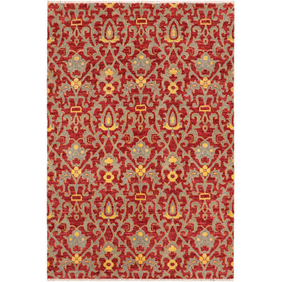 Tapis unique rouge / gris 6 pi x 8 pi 7 po années 2000 par Arshs Fine Rugs