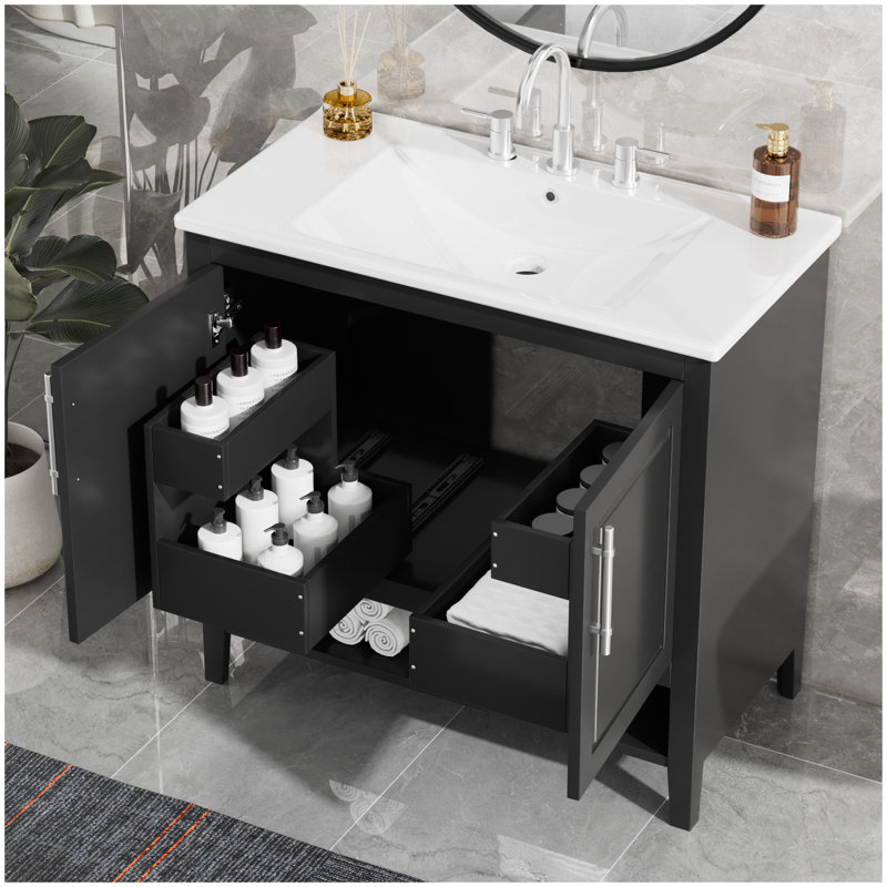 Meuble-lavabo 36 po avec lavabo, armoire de salle de bain multifonctionnelle avec portes et tiroirs, cadre en panneau de fibres à densité moyenne et panneau de fibres à densité moyenne, noir