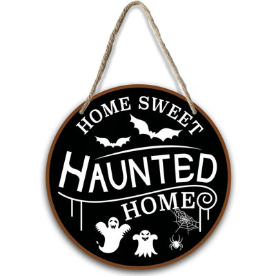 Sweet Haunted Home Wooden Sign – Halloween Hanging Wreath Plaque for Door, Porch & Wall Decor