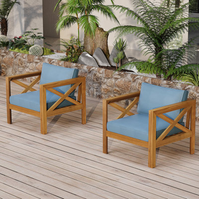 Outdoor Acacia Wood Club Wooden Armchair With Cushions (Set Of 2), Conversation Set,Teak Finish,Blue Cushion