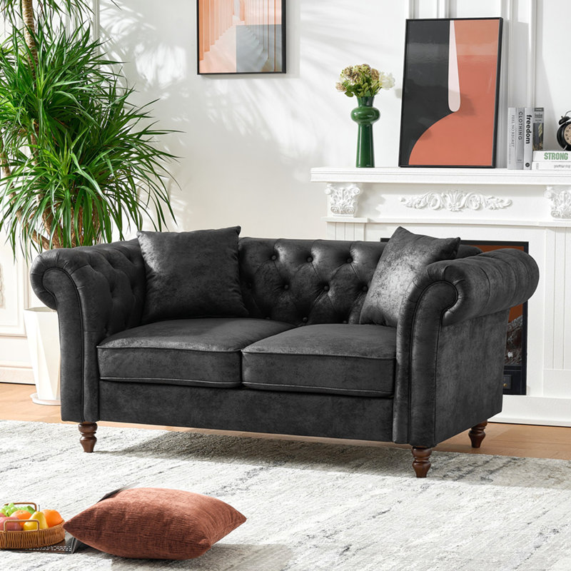 Canapé en tissu 66 po Chesterfield ‌Tech, canapé à accoudoirs roulés en tissu High-Tech, canapé rembourré de style Mid-Century, canapé 2 places pour salon, bureau, appartement, noir