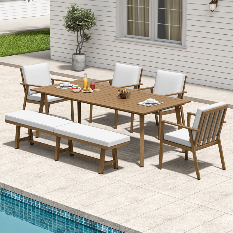 Ensemble de salle à manger d'extérieur 6 pièces antirouille, table 8 personnes en aluminium avec 4 chaises et banc 3 places sans dossier, ensemble de mobilier de jardin avec coussins pour pelouse, terrasse, jardin, brun