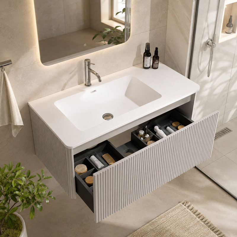 Meuble-lavabo suspendu Etna 36 po, armoire en noyer rayé avec lavabo intégré en surface solide blanche, préassemblé pour salles de bains modernes