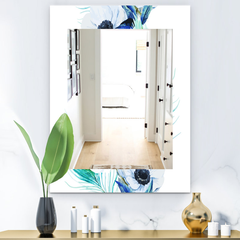 Miroir mural traditionnel anemones et peacock handpainted, H 24 po x l 32 po