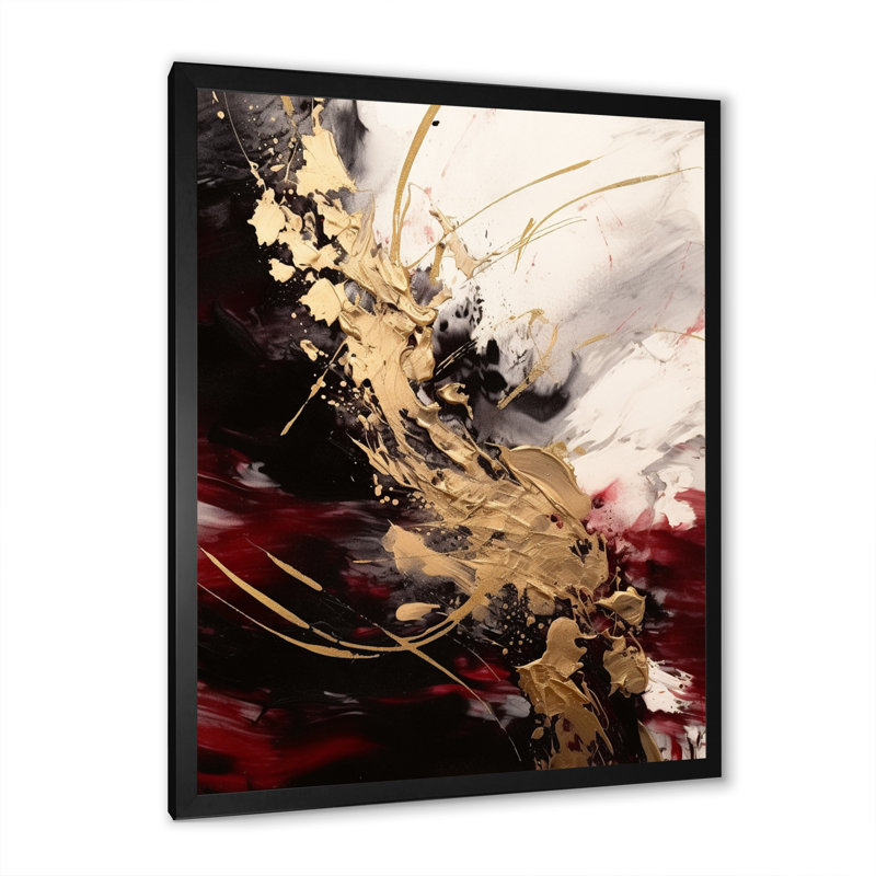 Or et fluide rouge fusion I - art mural abstrait, Noir, H 40 po x l 30 po, Cadre photo unique
