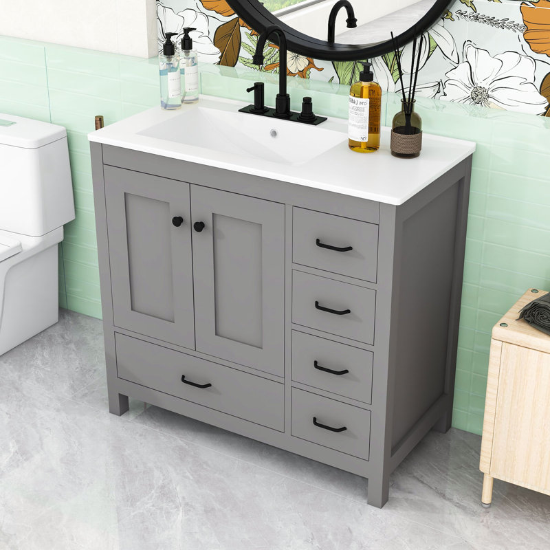 Bathroom Vanity with Ceramic Sink, 2 Soft-Close Doors and 5 Drawers, Grey