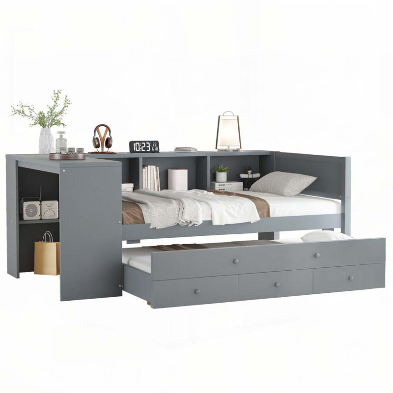 Wood Daybed with Trundle,Storage Drawers and Side Shelves, Twin, Gray