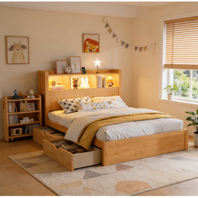 Lit double avec tiroirs, lit double en bois avec tête de rangement et armoire de rangement, lit en bois avec lumière et douille, naturel