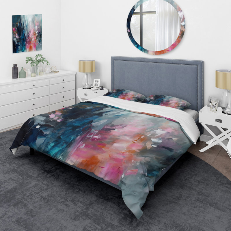 Ensemble de housse de couette en microfibre / polyester bleu et rose, Housse de couette pour grand lit et 2 taies décor
