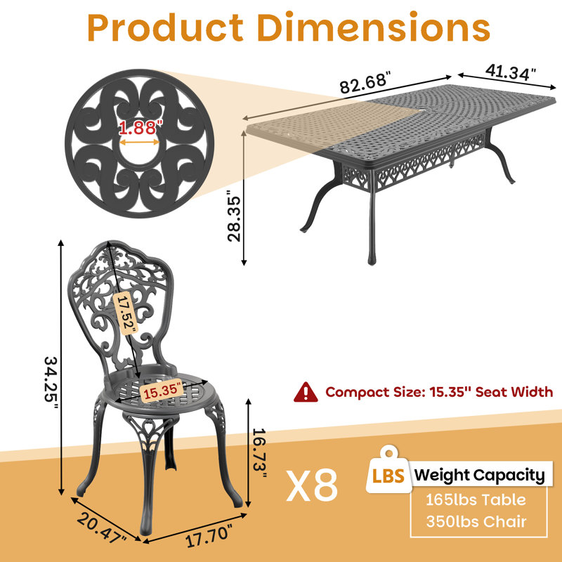 9-Piece Rectangle Table Outdoor Cast Aluminum Dining Set,Compact Size Chair (Seat Width:15.35")Ideal for Garden Patios
