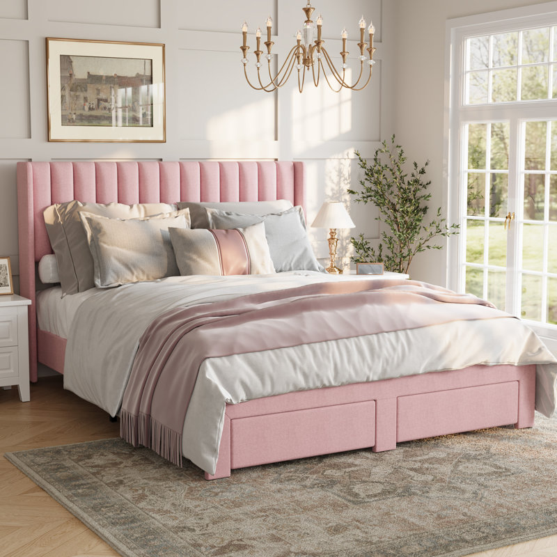 Cadre de lit double, cadre de lit tapissier en velours avec tête de lit à oreilles, 2 tiroirs de rangement, aucun sommier nécessaire, rose
