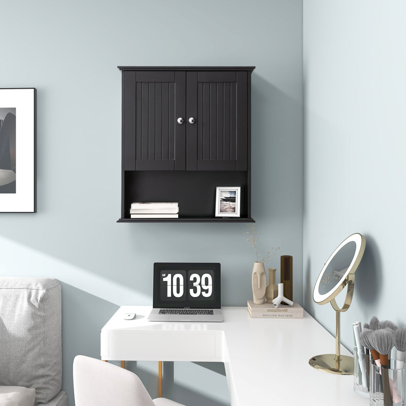  30" x 26" Wall Mounted Cabinet with Beadboard Doors, Bathroom Wall Cabinet with Adjustable Shelf, Black