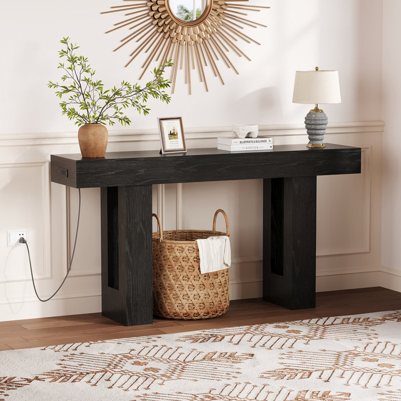 160cm Solid Wood Console Table, Black, Black