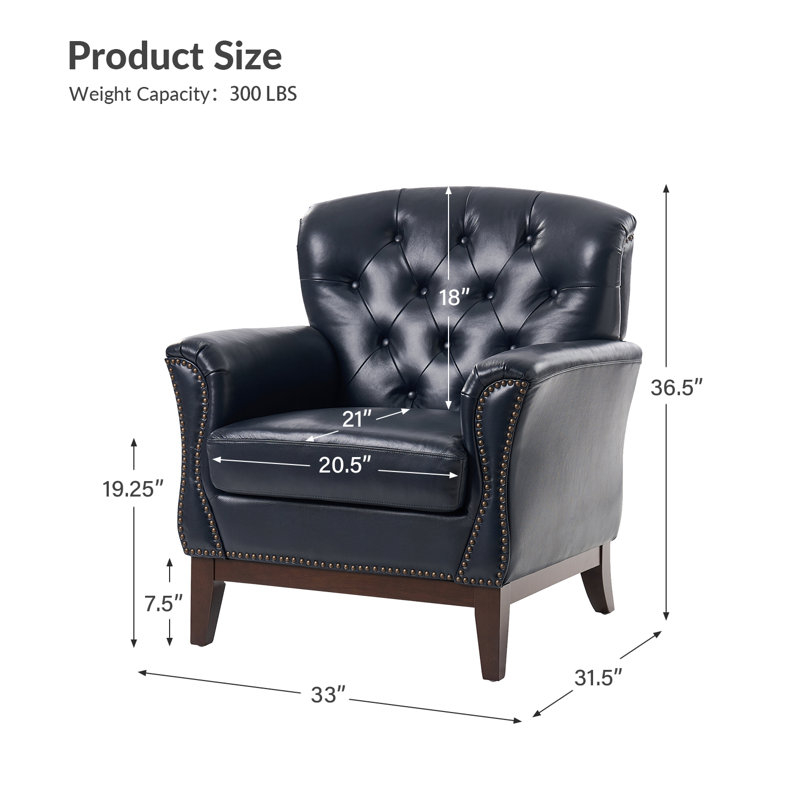 Dilane Traditional Genuine Leather Armchair with Solid Wood Legs, Navy Genuine Leather