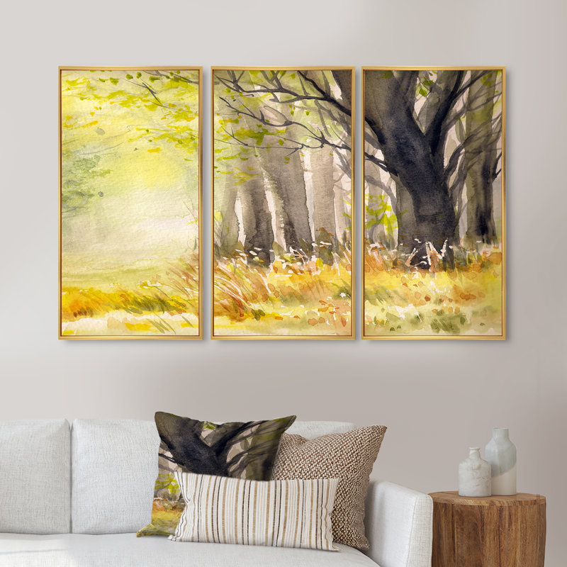 «Bright Sunshine Through The Forest Trees II», peinture sur toile flottante 3 pièces, H 32 po x l 48 po x P 1 po, Cadre doré